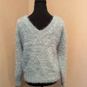 Pink Rose Fuzzy V-Neck Sweater in Aqua Blue